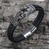 Bracelets de charme clássico retro masculino jóias genuíno de couro aço inoxidável de aço preto