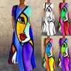 Abiti casual Abito stampato con arte astratta Manica corta Scollo a V Una linea Vintage Cartoon Party Lungo 2023 Maxi allentato femminile