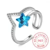 Cluster Anelli Temperamento Moda Donne selvagge Cristallo blu Gioielli in argento sterling 925 Personalità Stelle Anelli di apertura Mujer