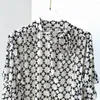 Women's Blouses Woman Vintage Black White Floral Print Silk Blouse V-neck With Ties Ruffles Long Sleeves Tops