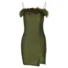 Casual Dresses Women Furry Short Summer 2023 Sexy Spaghetti Strap Sleeveless Bodycon Slim Fit Party Dress Split Fluffy Hem Club