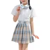 Roupas conjuntos de roupas infantis de meninas uniformes de roupas para crianças, canteiro colarinho de tampa de tampa de gravata borboleta com saia plissada xadrez para o palco