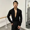 Scene Wear Latin Dance Tops Men Long Hermes V Neck Black Shirts Ballroom Performance Costume Male Cha Dancewear DNV17467