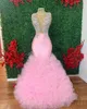 Árabe 2023 Aso Ebi Rosa Sereia Vestidos de Baile Lace Frisado Tiers Noite Festa Formal Segunda Recepção Aniversário Vestidos de Noivado Vestido ZJ3022