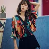 Women's Blouses Women Bohemian Ethnic Kimono Crop Tops V-Neck Floral Printed Blouse Vintage Bat Sleeved Loose Satin Spliced Shirts Holiday