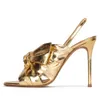 Sandálias Design de moda de verão Sexy Bow Gold Siletto Steletto Heel Round Toe Ladies High Size Brand 230412