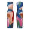 Abiti casual Donna Tie Dye Stampa Abito lungo Estate senza maniche Maglia elastica Donna Sexy aderente Coscia divisa Vestito estivo