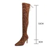 Bottes léopard longues femmes talons hauts bout pointu Sexy Club chaussures tissu extensible cuisse sur le genou taille 34-43