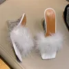 Dress Shoes Women Fashion Fur Square Toe Sandalen Zomer Midden Heels Designer Slingback Pumps Slides Mujer Zapatillas 2023