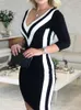 Casual Kleider Kontrast Farbe Gestreiften Band Bodycon Kleid Frauen Sexy V-ausschnitt Langarm Party Kleid 230327