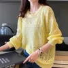 T-shirt femme évider été lâche hauts tricotés mode mince cool pull pulls jaune col rond maille hauts dames maille chemise P230328