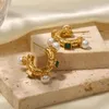 Hoop Earrings Wholesale Fashion Waterproof Green Square Zircon 18K Gold Plated Lava Shape Earring Pearl Surrounded For Women