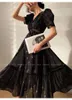 Sukienki swobodne vintage czarny kwiatowy długi sukienkę Midi Kobiety eleganckie V szyi puff rękaw
