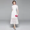 Casual Dresses Summer Women High Quality Elegant Slim Hollow Out A-Line Lace Midi Dress Vestidos Green White Pink 230327