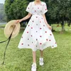 Casual Kleider Frauen Sexy Rüschen Puff Sleeve Off Schulter Stickerei Sommer Party 2023 Koreanische Elegante Vintage Kawaii Erdbeere Kleid