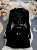 Kadınlar Suits Blazers Blazer Ceket Kadın Kadife Elbise Ceket Kış Çift Kelime Kruvaze Uzun Kollu Bayanlar Siyah Blazer Kemer Kadın İnce Takım Blazer Dış Giyim 230327
