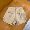 Kvinnors shorts äkta lädershorts kvinnor hög midja vårens sommarkoreanska mode damer bred ben cyklist shorts femme casual stil 230328