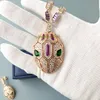 Designer Collection Style Earrings Necklace Inlay Purple Diamond Hollow Out Plated Gold Color Green Eyes Snake Head Pendant Serpent Snakelike Jewelry Sets