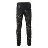 Men's Pants Black Distressed Streetwear Gold Stars Patches Slim Stretch Skinny High Street Fashion Style Ripped Jeans 230328