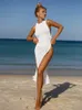 女子水着のソリッドリブベッドビーチドレスの水着セクシーなカットアウトノットサイドスプリット太ももドレスホワイトカバー