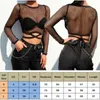 Kvinnors t-shirt svart sexig underkläder kommer mesh goth långärmad t-shirt ihålig genomskinlig fisknät toppar sommar streetwear kvinnokläder p230328