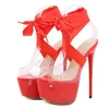 Sandales liyke sexy rouge cuisse haute plate-forme en lacet up Femmes 16 cm chaussures transparentes talon