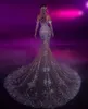 Sexy Mermaid Evening Dresses Long Sleeves V Neck Appliques Sequins Lace Hollow Diamonds Pearls Feather Cape Floor Length Prom Dresses Plus Size Gowns Party Dress