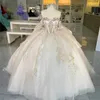 Vestidos de quinceañera brillantes de champán, apliques de cristal de lujo, manga larga con hombros descubiertos, vestido de fiesta de cumpleaños, Vestidos de 15 años