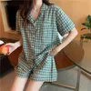 Pigiameria da donna Plaid Home Suit Coreano Sleepwear Set Summer Short Sleeve Pigiama da donna giapponese Plus Size Pigiama a due pezzi Drop 230328