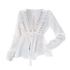 Lässige Kleider, die elegante weiße Damenkleider mit langen Ärmeln und Blusen mit V-Ausschnitt für Leggings verkaufen