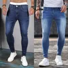 Herrbyxor sommar mode män jeans smal form blå elastisk fast färg tight byxor gata casual social högkvalitativ denim 230328