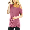 T-shirt da donna 2023 Top da donna estivi Camicia in cotone con scollo a V tinta unita rosa manica corta con spalle scoperte T-shirt casual allentata intrecciata da donna