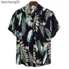 Camisas casuales para hombres Camisa de manga corta de verano de poliéster y algodón para hombres Patrón tropical Transpirable Playa hawaiana Camisas masculinas Blusa casual para hombres W0328