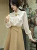 Werkjurken Moderne Franse stijl Office Lady Outfits Vintage Lantern Sleeve Casual Shirt Tops Elegant Midi Rok Woman 2 -delige set