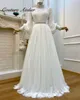 Party Dresses White Puff Long Sleeve Muslim Wedding Luxury Pearls Tärnat en linjen Brudklänning Elegant Engagemnt klänningar Robe de 230328