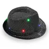 Led Jazz Hats Flashing Light Up Led Fedora Trilby 스팽글 캡 팬시 드레스 댄스 파티 모자 유엔 힙합 램프 Luminous Hat SN732