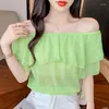 Kvinnor Bluses Femme 2023 Summer Fashion Elastic One-Shoulder Bat Sleeve Shiny Ruffled Chiffon Shirt Thin Pequins Kort lös topp