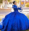 Königsblaue Prinzessin Quinceanera-Kleider mit Rüschen, abgestufter Tüll, Abschlussball-Party-Kleider, glitzernde Pailletten, Spitze, appliziert, lange Ärmel, herzförmiger Ausschnitt, Sweet 15, Vestido VX Anos