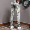 Erkek pantolon sokak kıyafeti moda kot pantolon retro sarı mavi elastik ince fit yırtılmış nakış tasarımcısı hip hop denim hombre 230328