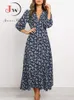 Casual Dresses Women Summer Elegant Floral Print Maxi Dress Boho Three Quarter Sleeve V Neck Casual Office Long Dress Beach Robe Tunic 230327