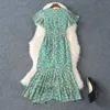 2023 Summer Green Floral Print Belted Mermaid Dress Chiffon V-hals Ruffled Short Sleeve Midi Casual Dresses M3M25B749
