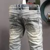 Erkek pantolon sokak kıyafeti moda kot pantolon retro sarı mavi elastik ince fit yırtılmış nakış tasarımcısı hip hop denim hombre 230328