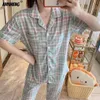 Women's Sleepwear Summer Sweet Girl Plaid Pajamas Set Cardigan Cartoon Short Sleeve Long Pants Homesuit Fashion Pijamas Women Home Clothes 230328