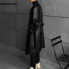 Herrläderfaux Mauroicardi Spring Autumn Long Black Overized Trench Coat 2023 Drop Shoulder Belt Coats för 230328