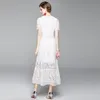 Casual Dresses Summer Women High Quality Elegant Slim Hollow Out A-Line Lace Midi Dress Vestidos Green White Pink 230327