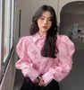 Women's Blouses Sweet Girls Flower Shirts 2023 Summer Vintage Shrug Shoulder Buttons Up Blouse Long Sleeves Cute Pink Short Shirt Tops