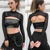 Damen T-Shirt Kayotuas Frauen T-Shirt Sexy Hip Hop Gothic Lady Micro Kurze Metallkette Spitze Durchsichtiges Mesh Langarm Rollkragen Hot Tops P230328