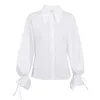 Blusas de mujer Primavera 2023 Mujeres Blusa suelta blanca Moda Cuello vuelto con cordones Campana Camisa de manga larga Oficina Señora Elegante Botón arriba