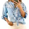 Dames blouses v nek pailletten patchvakken met één borsten dames shirt verstelbare lange mouw onregelmatige print casual top werkkleding blouse