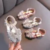 Сандалии девушки кожаная обувь модная страза Bling Kids Princess Shoes Flat Heels Детские туфли для вечеринок w0327